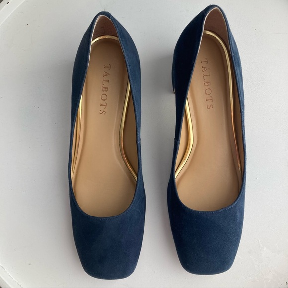 Talbots Indigo Blue Claire Block Heel Pumps Suede Gold Size 6M Women’s Shoes - Picture 5 of 16
